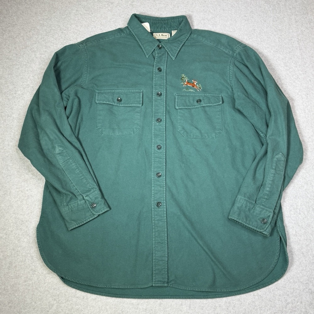 LL Bean USA Chamois Cloth Deer Logo Button Front Casual Shirt Green Men's 17 1/2